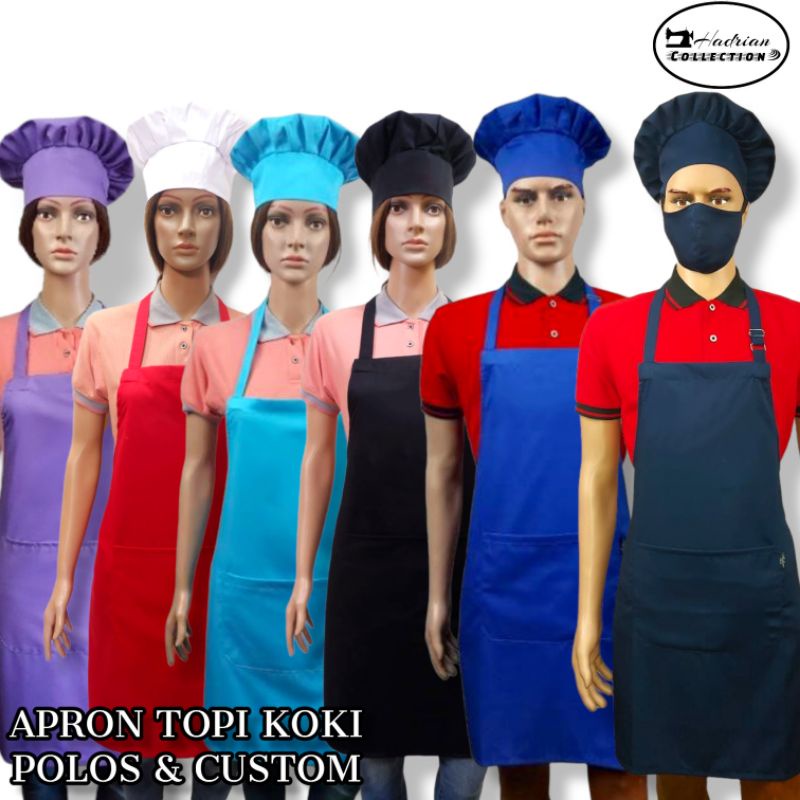 Celemek Apron Topi Koki polos 42 varian warna - Bisa Custom Bordir Logo dan Nama
