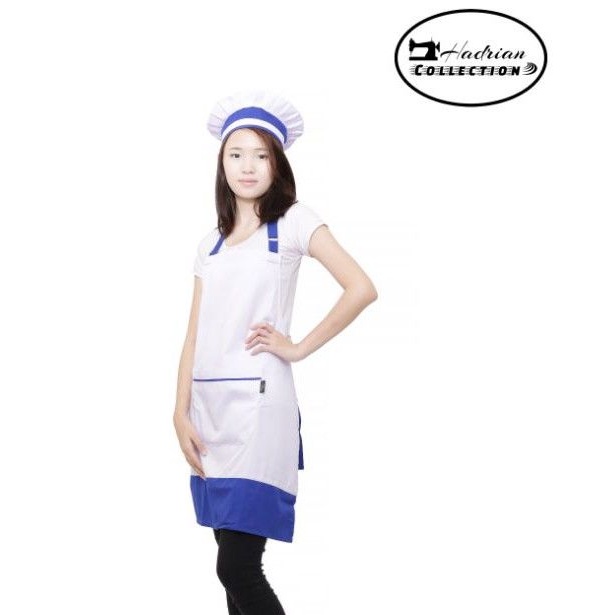 Celemek apron ombinasi biru putih merah putih & topi koki