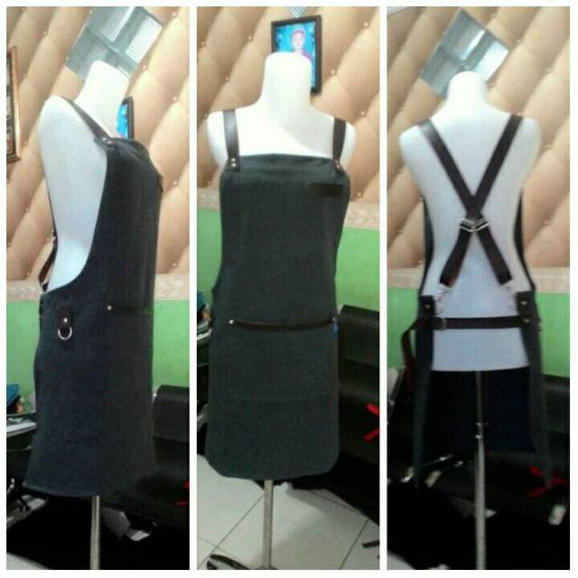 Celemek / Apron Barista Denim Cynthetic Leather Strap "x"( abu tua)