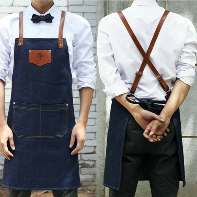 Celemek Apron Barista | Celemek Bartender | Celemek waitres - DENIM BLUE JEANS TEBAL